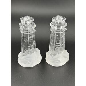 Lenox Lead Crystal Lighthouse w/Frosted Base Salt & Pepper Shakers 4" Tall